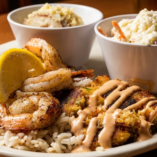 Grilled shrimp and crab cakes over rice with coleslaw and potato salad