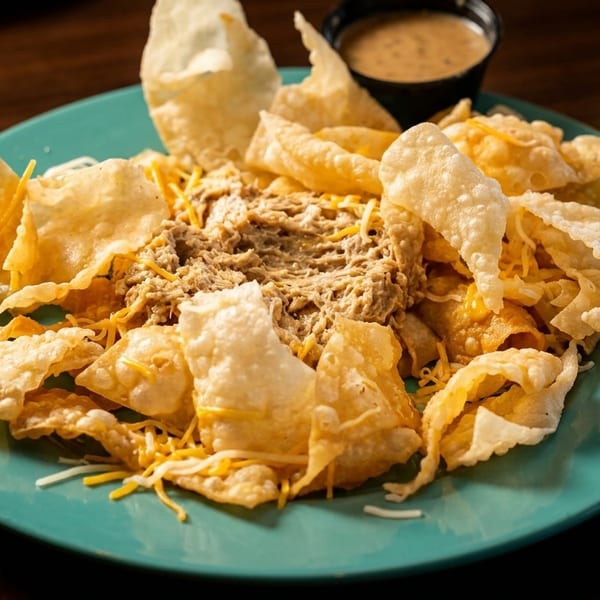 Tuna dip with crispy fried wontons and shredded cheese on a teal plate