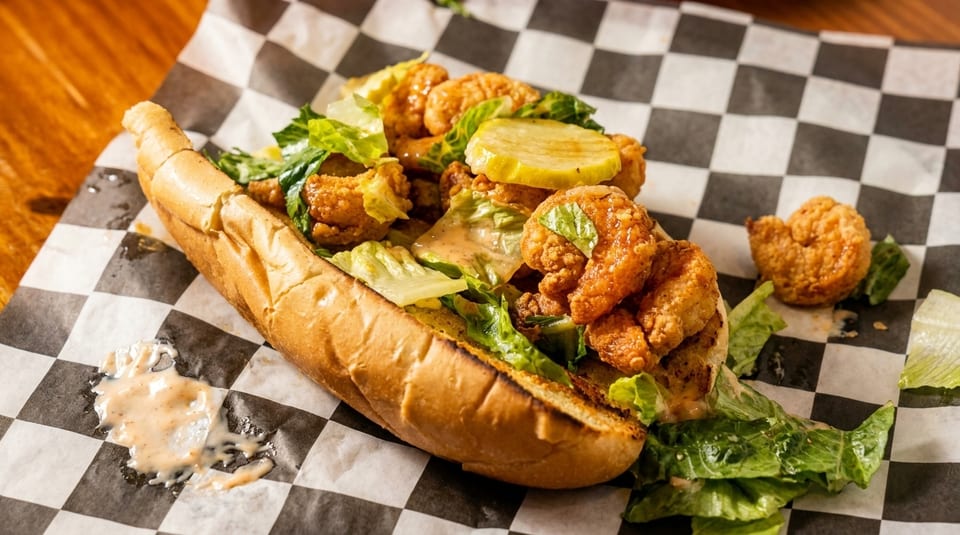 Fried shrimp po'boy with lettuce, pickles, and remoulade on checkered paper