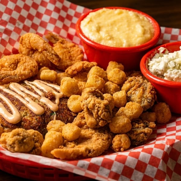 Fried seafood basket with shrimp, oysters, crab cake, cheese grits, and coleslaw