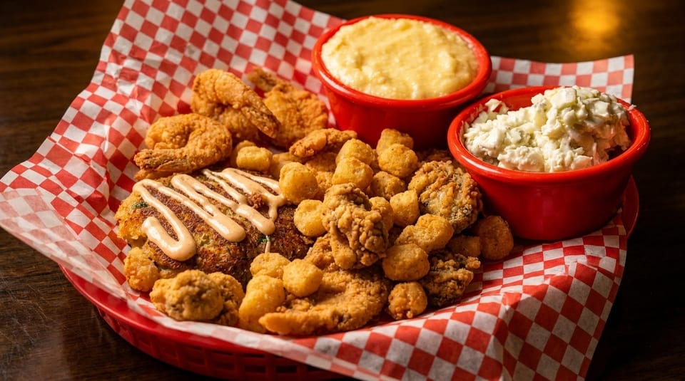 Fried seafood basket with shrimp, oysters, crab cake, cheese grits, and coleslaw