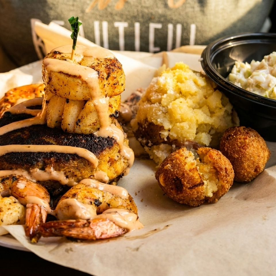 Lunch stack with blackened fish, grilled shrimp, and hushpuppies with coleslaw
