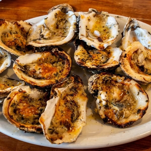 Chargrilled oysters with garlic butter and herbs on a white plate