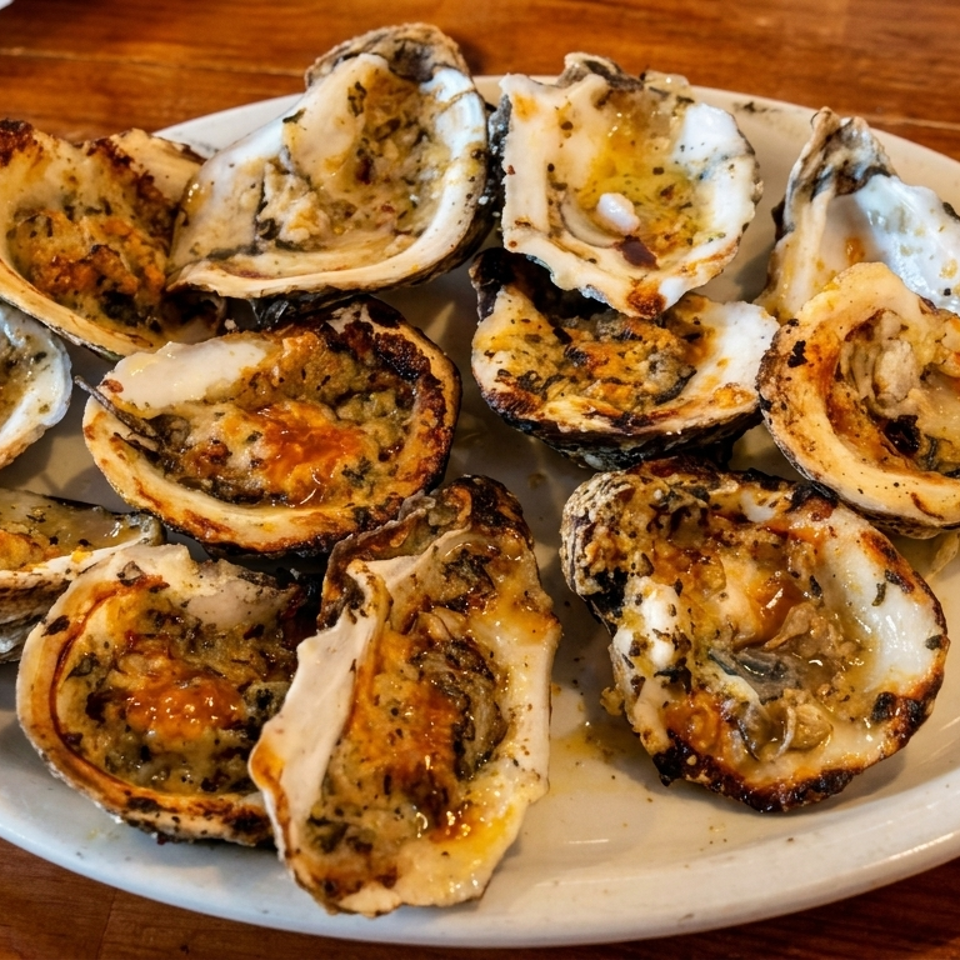 Chargrilled oysters with garlic butter and herbs on a white plate